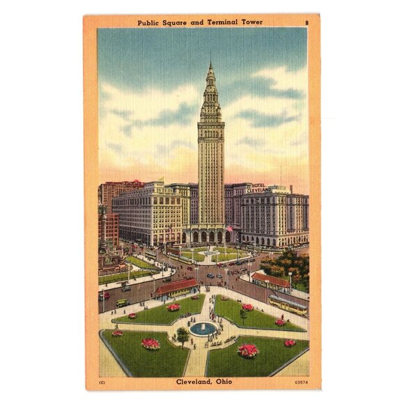 Vintage Public Square Terminal Tower Cleveland Ohio Postcard 1930s Linen USA - Picture 1 of 2